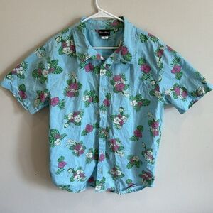 Rick & Morty Short Sleeve Hawaiian Button-Up Blue Floral Size XL 100% Cotton
